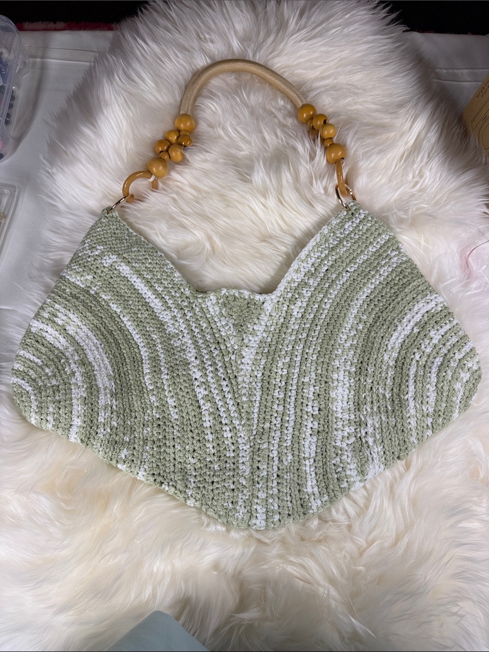 Handcrafted Light Green Crochet Shoulder Bag with Beaded Handle